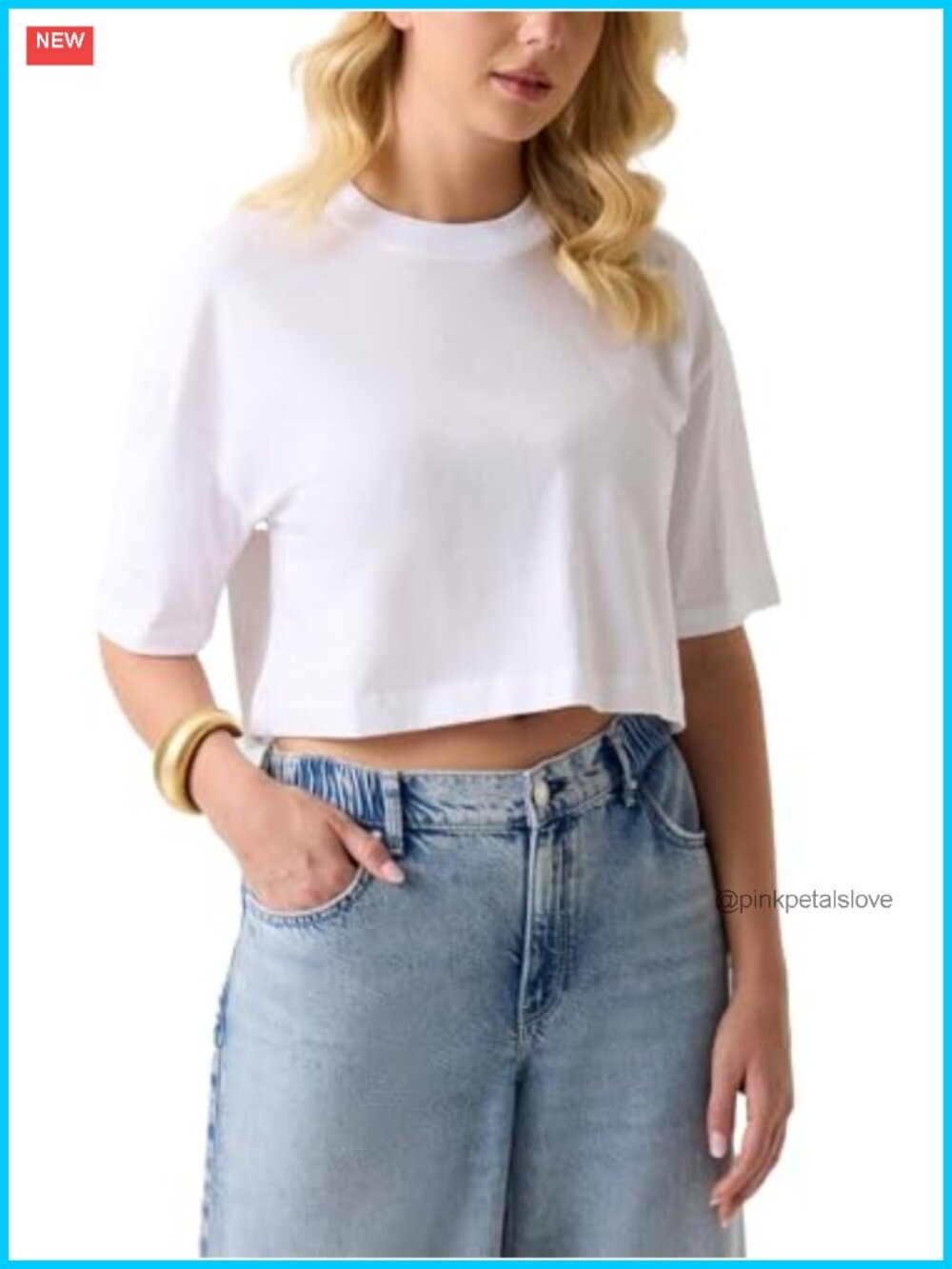 Eco Organic Cotton Rhinestone Crop Oversized Tee 3/4 Sleeve Boxy Fit